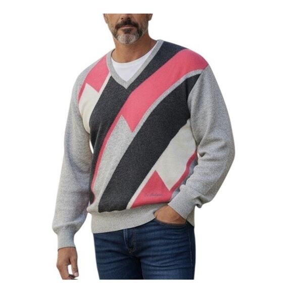 Vintage Lyle & Scott Geometric Pure Wool Golf Sweater V-Neck Men's Size Medium